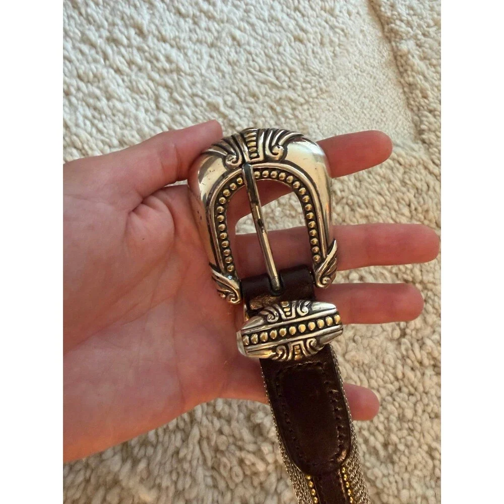 Vintage Mixed Metal Silver Mesh Dark Brown Leather Western Belt Gold Grommets